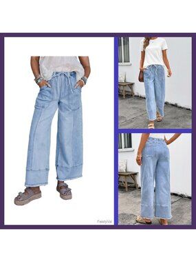 High Waisted Wide Leg Baggy Jeans Drawstring Raw Hem Denim Pants